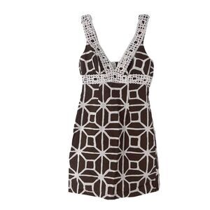 Trina Turk Dress Brown Geometric Crochet V Neck Sleeveless Mini Beach Size 4